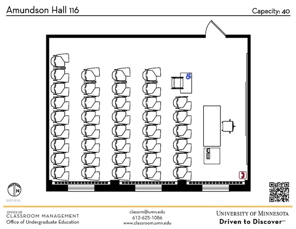 Plan view of the classroom that provides room capacity, seating locations and exits. A QR code links to room schedule and contact information is in the footer