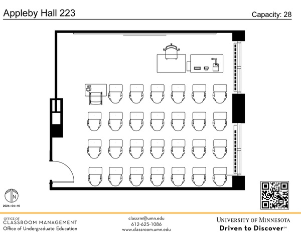 Plan view of the classroom that provides room capacity, seating locations and exits. A QR code links to room schedule and contact information is in the footer