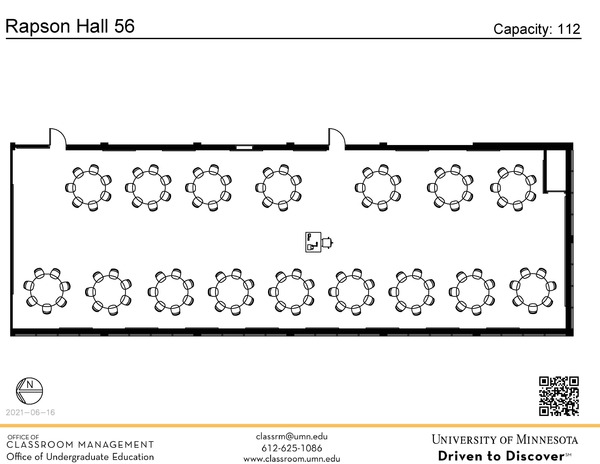 Plan view of the classroom that provides room capacity, seating locations and exits. A QR code links to room schedule and contact information is in the footer