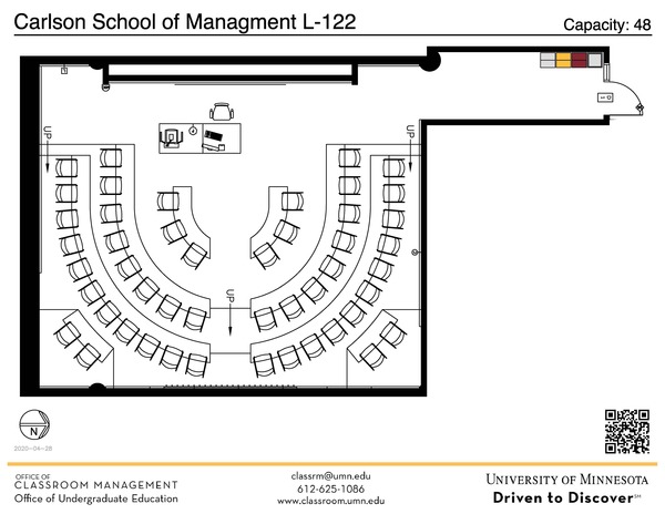 Plan view of the classroom that provides room capacity, seating locations and exits. A QR code links to room schedule and contact information is in the footer