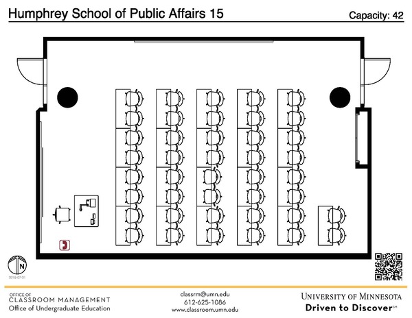 Plan view of the classroom that provides room capacity, seating locations and exits. A QR code links to room schedule and contact information is in the footer