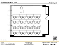 Plan view of the classroom that provides room capacity, seating locations and exits. A QR code links to room schedule and contact information is in the footer