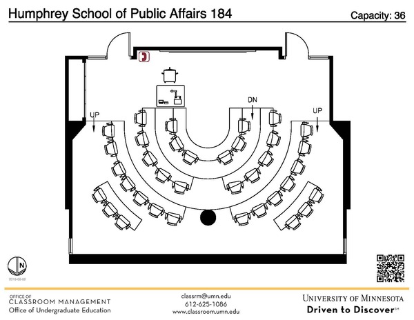 Plan view of the classroom that provides room capacity, seating locations and exits. A QR code links to room schedule and contact information is in the footer