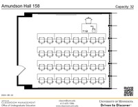 Plan view of the classroom that provides room capacity, seating locations and exits. A QR code links to room schedule and contact information is in the footer