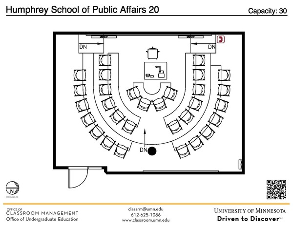 Plan view of the classroom that provides room capacity, seating locations and exits. A QR code links to room schedule and contact information is in the footer