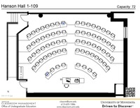 Plan view of the classroom that provides room capacity, seating locations and exits. A QR code links to room schedule and contact information is in the footer