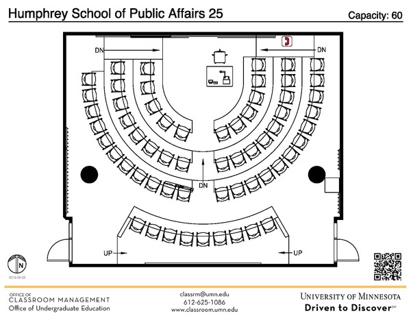 Plan view of the classroom that provides room capacity, seating locations and exits. A QR code links to room schedule and contact information is in the footer