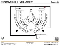 Plan view of the classroom that provides room capacity, seating locations and exits. A QR code links to room schedule and contact information is in the footer