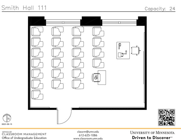 Plan view of the classroom that provides room capacity, seating locations and exits. A QR code links to room schedule and contact information is in the footer