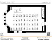 Plan view of the classroom that provides room capacity, seating locations and exits. A QR code links to room schedule and contact information is in the footer