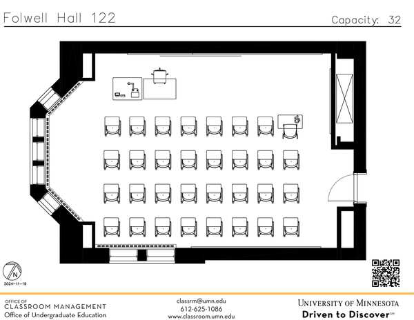 Plan view of the classroom that provides room capacity, seating locations and exits. A QR code links to room schedule and contact information is in the footer