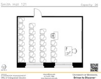 Plan view of the classroom that provides room capacity, seating locations and exits. A QR code links to room schedule and contact information is in the footer