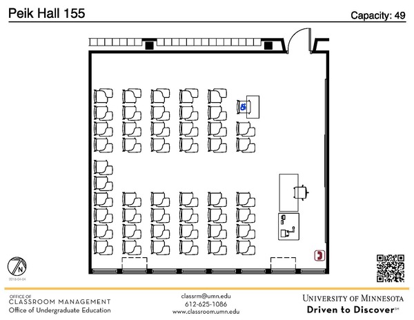 Plan view of the classroom that provides room capacity, seating locations and exits. A QR code links to room schedule and contact information is in the footer