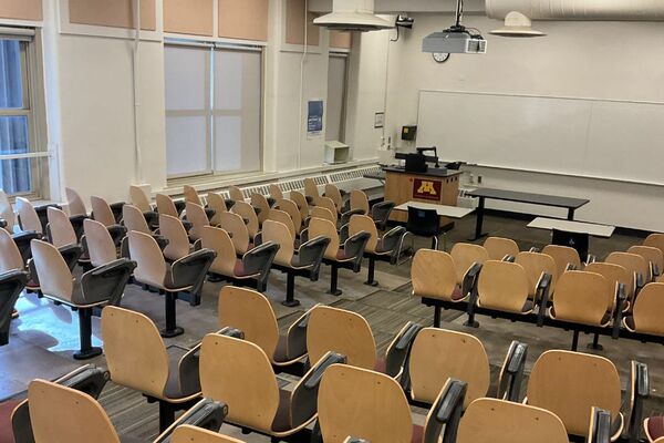 Front of room view with lectern on left side 