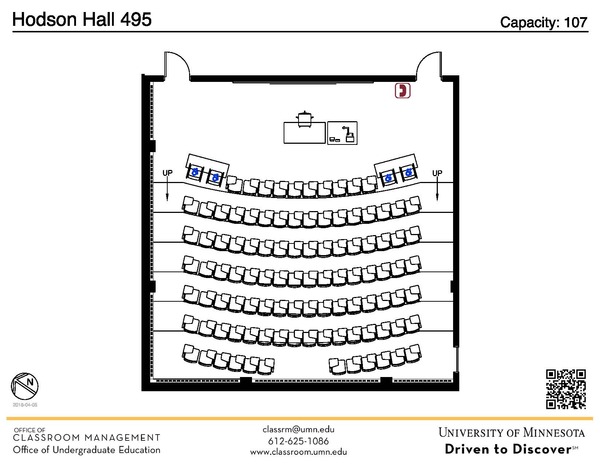 Plan view of the classroom that provides room capacity, seating locations and exits. A QR code links to room schedule and contact information is in the footer