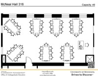 Plan view of the classroom that provides room capacity, seating locations and exits. A QR code links to room schedule and contact information is in the footer