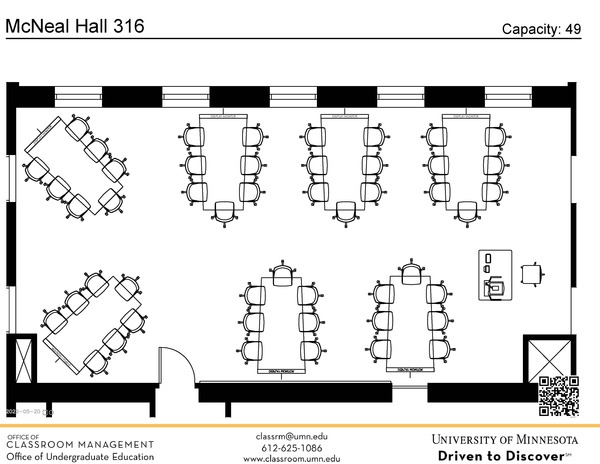 Plan view of the classroom that provides room capacity, seating locations and exits. A QR code links to room schedule and contact information is in the footer