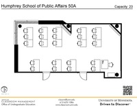 Plan view of the classroom that provides room capacity, seating locations and exits. A QR code links to room schedule and contact information is in the footer