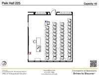 Plan view of the classroom that provides room capacity, seating locations and exits. A QR code links to room schedule and contact information is in the footer