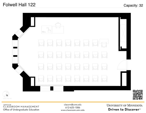 Plan view of the classroom that provides room capacity, seating locations and exits. A QR code links to room schedule and contact information is in the footer.