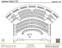 Plan view of the classroom that provides room capacity, seating locations and exits. A QR code links to room schedule and contact information is in the footer