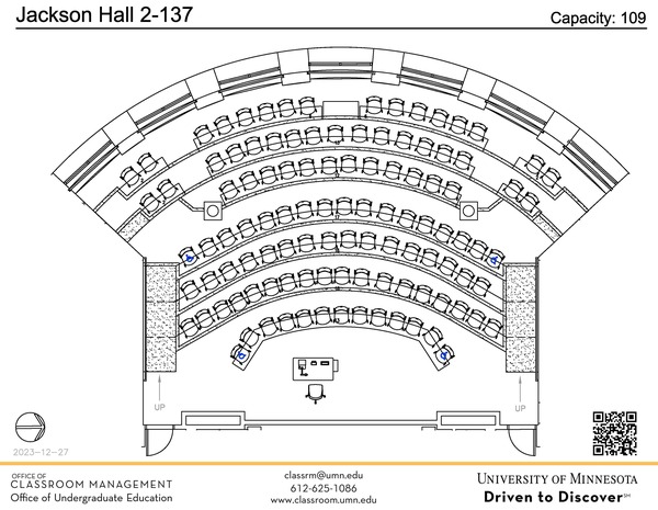 Plan view of the classroom that provides room capacity, seating locations and exits. A QR code links to room schedule and contact information is in the footer