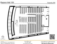 Plan view of the classroom that provides room capacity, seating locations and exits. A QR code links to room schedule and contact information is in the footer