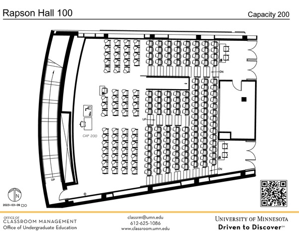 Plan view of the classroom that provides room capacity, seating locations and exits. A QR code links to room schedule and contact information is in the footer