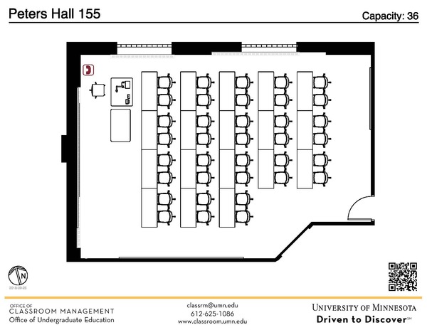 Plan view of the classroom that provides room capacity, seating locations and exits. A QR code links to room schedule and contact information is in the footer