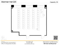 Plan view of the classroom that provides room capacity, seating locations and exits. A QR code links to room schedule and contact information is in the footer