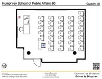 Plan view of the classroom that provides room capacity, seating locations and exits. A QR code links to room schedule and contact information is in the footer