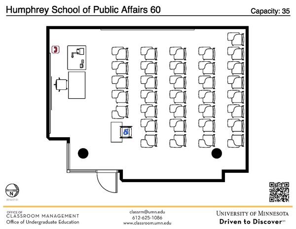 Plan view of the classroom that provides room capacity, seating locations and exits. A QR code links to room schedule and contact information is in the footer