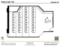 Plan view of the classroom that provides room capacity, seating locations and exits. A QR code links to room schedule and contact information is in the footer