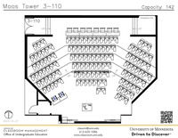 Plan view of the classroom that provides room capacity, seating locations and exits. A QR code links to room schedule and contact information is in the footer