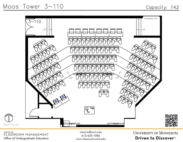 Plan view of the classroom that provides room capacity, seating locations and exits. A QR code links to room schedule and contact information is in the footer