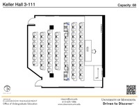 Plan view of the classroom that provides room capacity, seating locations and exits. A QR code links to room schedule and contact information is in the footer