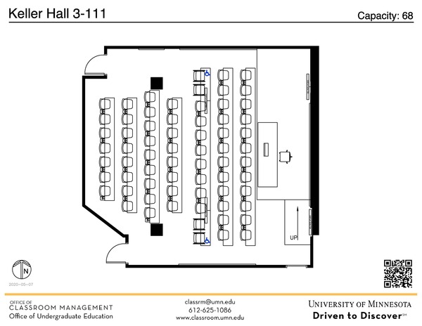 Plan view of the classroom that provides room capacity, seating locations and exits. A QR code links to room schedule and contact information is in the footer