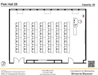 Plan view of the classroom that provides room capacity, seating locations and exits. A QR code links to room schedule and contact information is in the footer