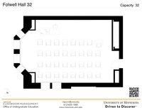 Plan view of the classroom that provides room capacity, seating locations and exits. A QR code links to room schedule and contact information is in the footer.