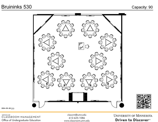 Plan view of the classroom that provides room capacity, seating locations and exits. A QR code links to room schedule and contact information is in the footer