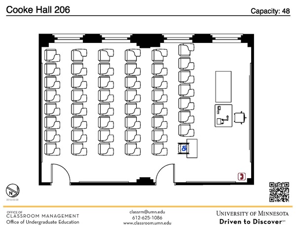 Plan view of the classroom that provides room capacity, seating locations and exits. A QR code links to room schedule and contact information is in the footer