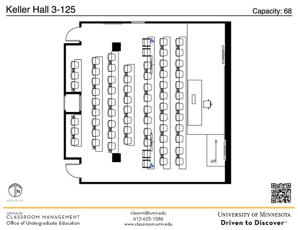 Plan view of the classroom that provides room capacity, seating locations and exits. A QR code links to room schedule and contact information is in the footer