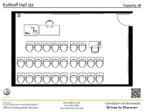 Plan view of the classroom that provides room capacity, seating locations and exits. A QR code links to room schedule and contact information is in the footer