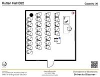 Plan view of the classroom that provides room capacity, seating locations and exits. A QR code links to room schedule and contact information is in the footer