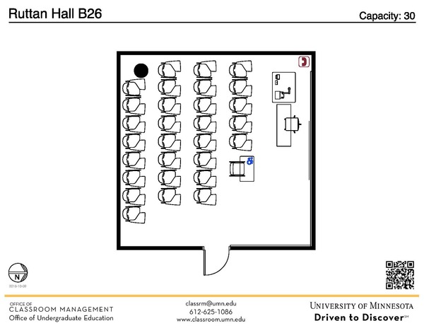 Plan view of the classroom that provides room capacity, seating locations and exits. A QR code links to room schedule and contact information is in the footer