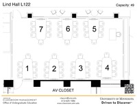 Plan view of the classroom that provides room capacity, seating locations and exits. A QR code links to room schedule and contact information is in the footer