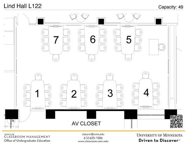 Plan view of the classroom that provides room capacity, seating locations and exits. A QR code links to room schedule and contact information is in the footer