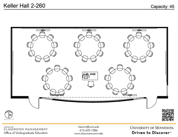 Plan view of the classroom that provides room capacity, seating locations and exits. A QR code links to room schedule and contact information is in the footer