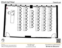 Plan view of the classroom that provides room capacity, seating locations and exits. A QR code links to room schedule and contact information is in the footer