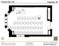 Plan view of the classroom that provides room capacity, seating locations and exits. A QR code links to room schedule and contact information is in the footer